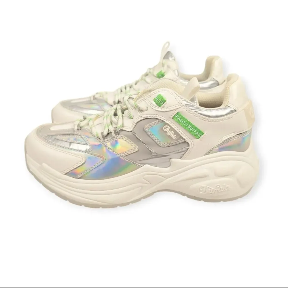 Buffalo B.NCE S2 White Silver Iridescent Lace Up Sneakers Size 7.5